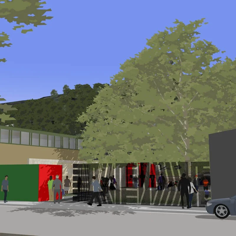 People walking and gathering outside the entrance of a building with a large tree nearby, under a clear blue sky.