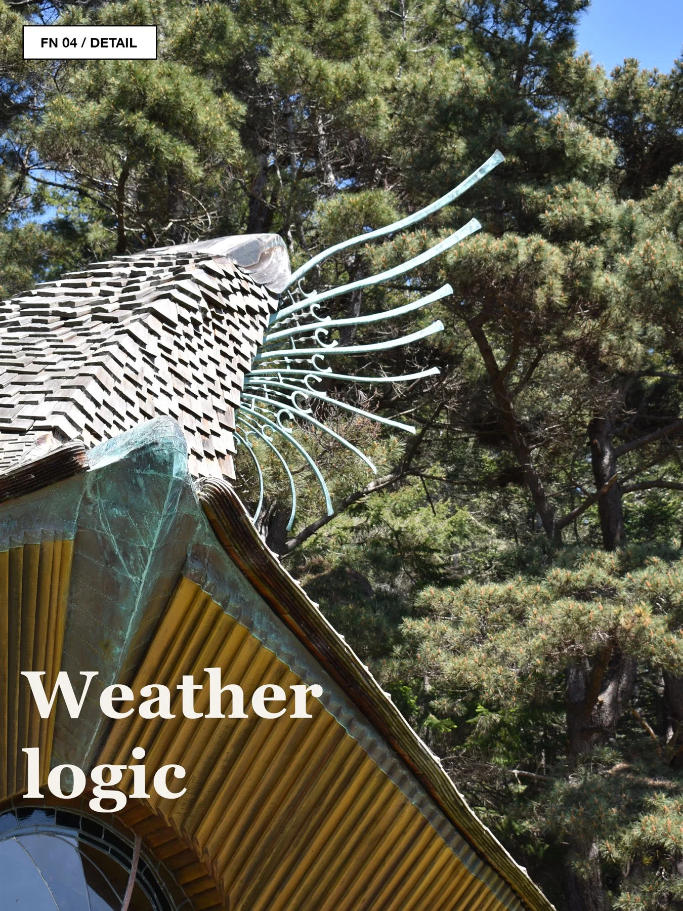 Close-up of Sea Ranch roof detail with shingles and sculptural wood elements.