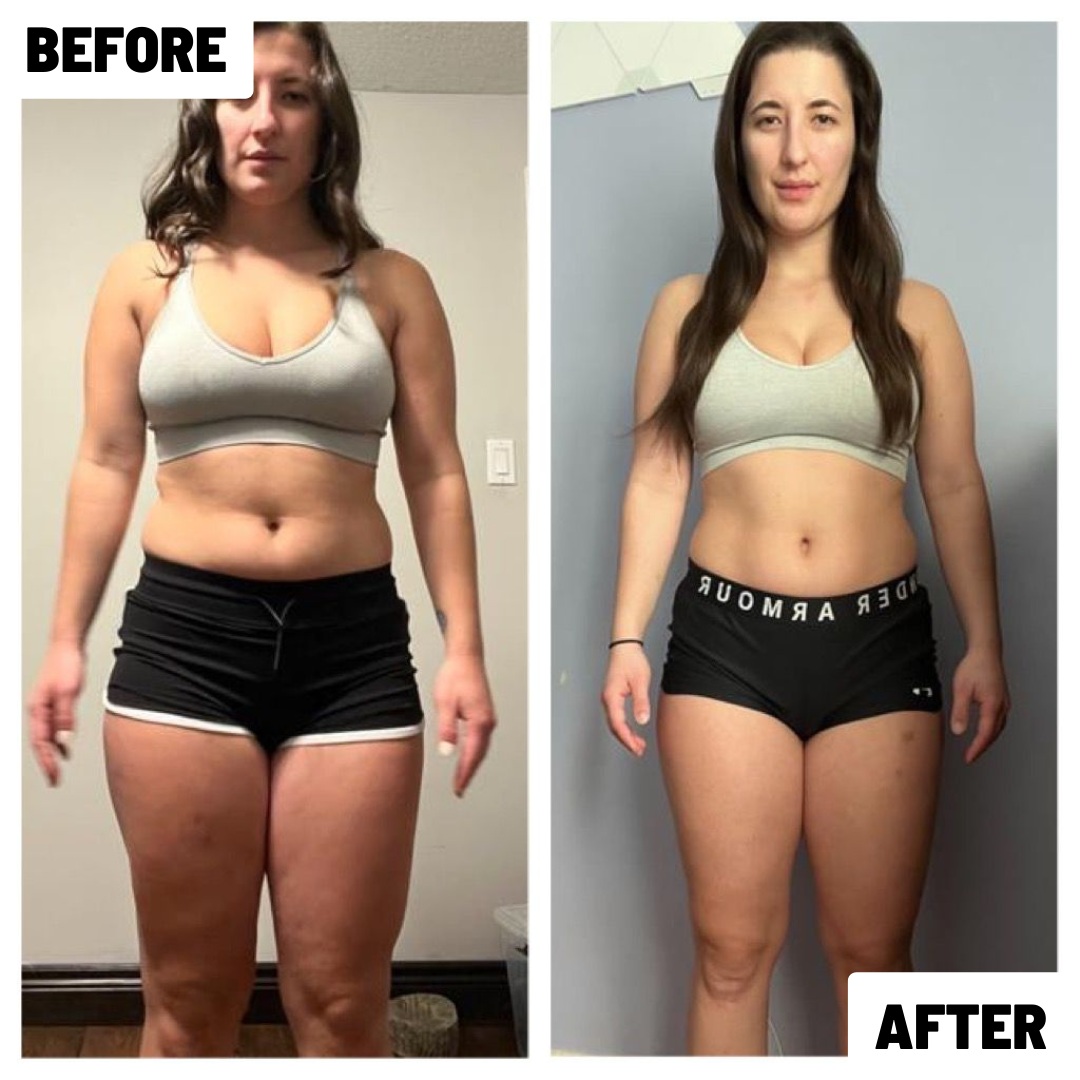Side-by-side comparison photo showing a woman before and after weight loss; in the 'before' image, she has a fuller figure with more body fat; in the 'after' image, she appears slimmer with visible muscle tone and a more defined waist.