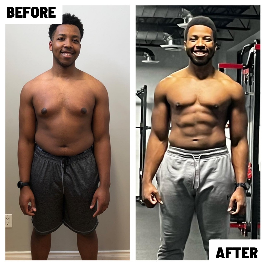 Side-by-side before and after photos of a man showing body transformation; in the before photo, he has a fuller build and is smiling, wearing shorts; in the after photo, he is muscular and fit, smiling, wearing gym attire in a gym setting.
