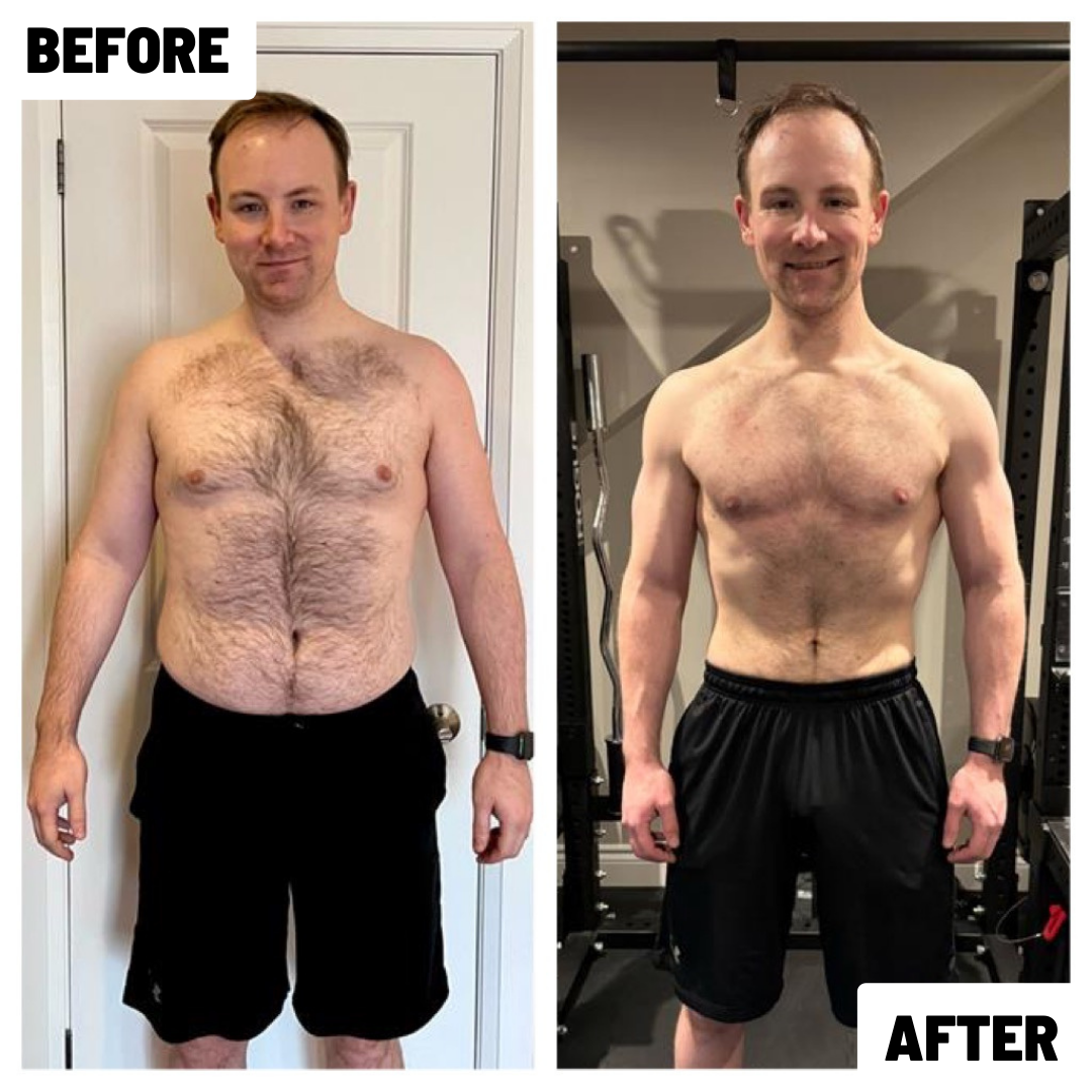 Comparison photo showing a man before and after fitness transformation; left side shows him with more body fat and less muscle tone, right side shows him with a leaner, more muscular physique.