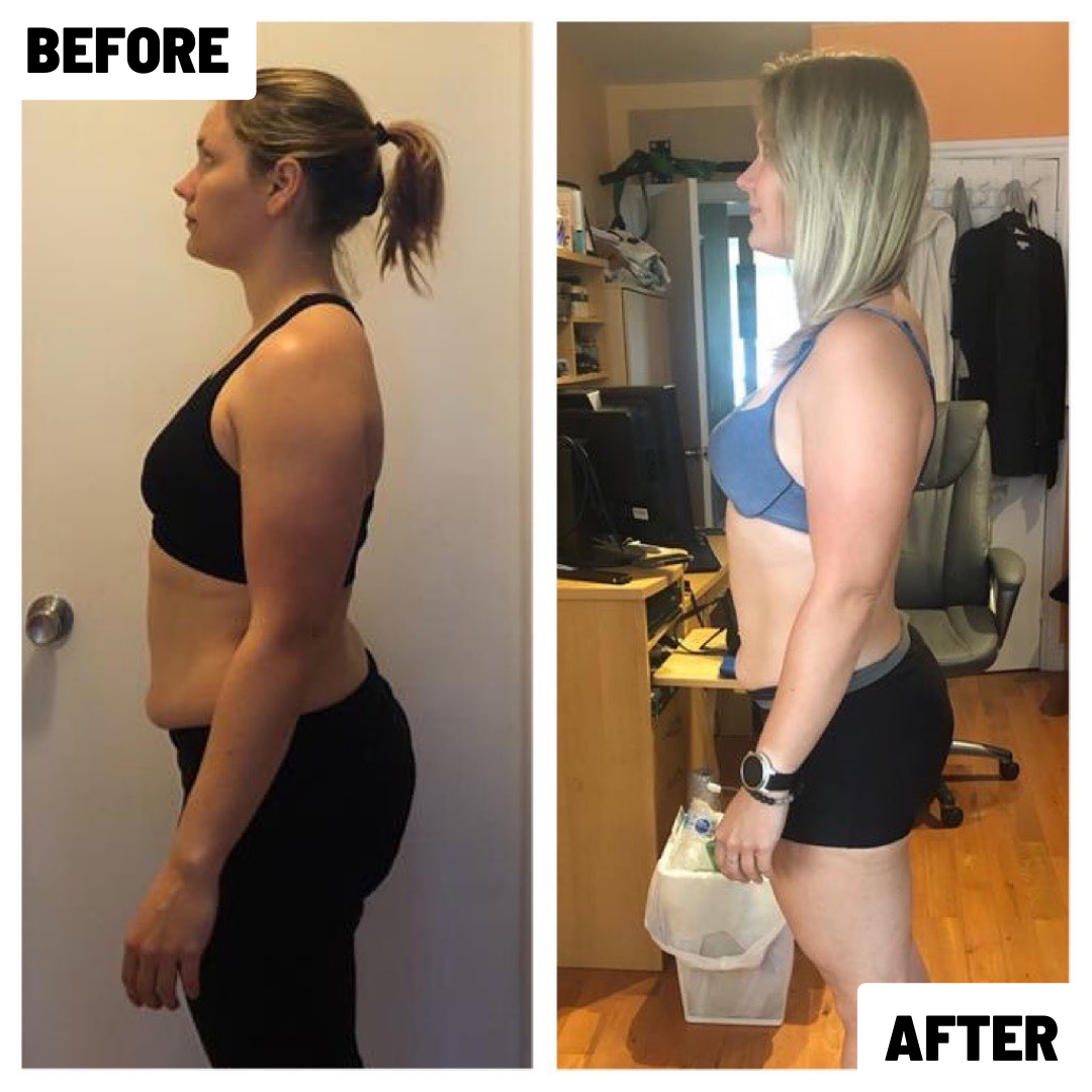 Side-by-side comparison of a woman's physique before and after fitness transformation. The 'before' image shows her with more body fat and a relaxed posture, while the 'after' image shows her with a leaner figure and improved muscle tone.