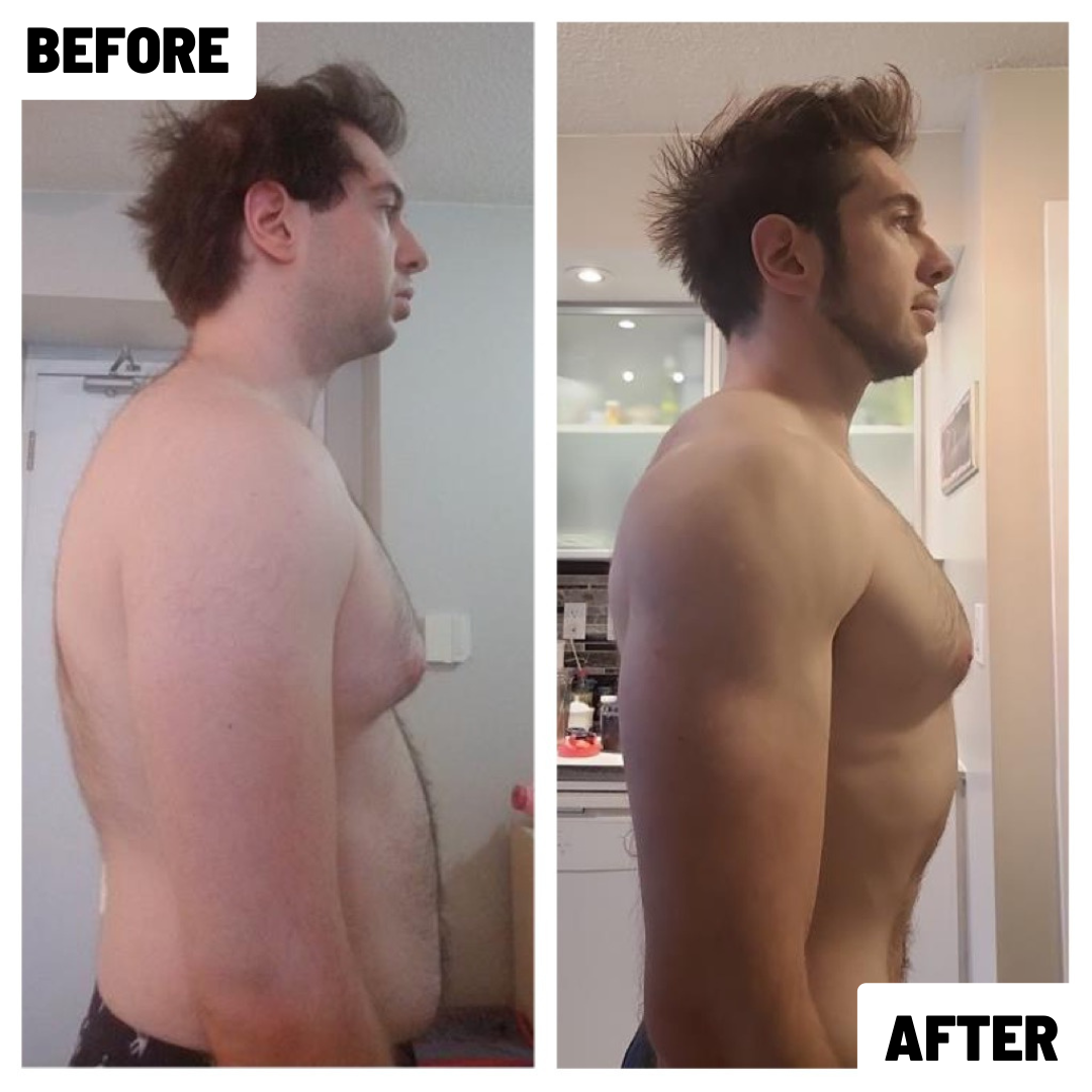 Side-by-side comparison of a shirtless man before and after body transformation, showing weight loss and muscle toning, with the word 'BEFORE' on the left and 'AFTER' on the right.