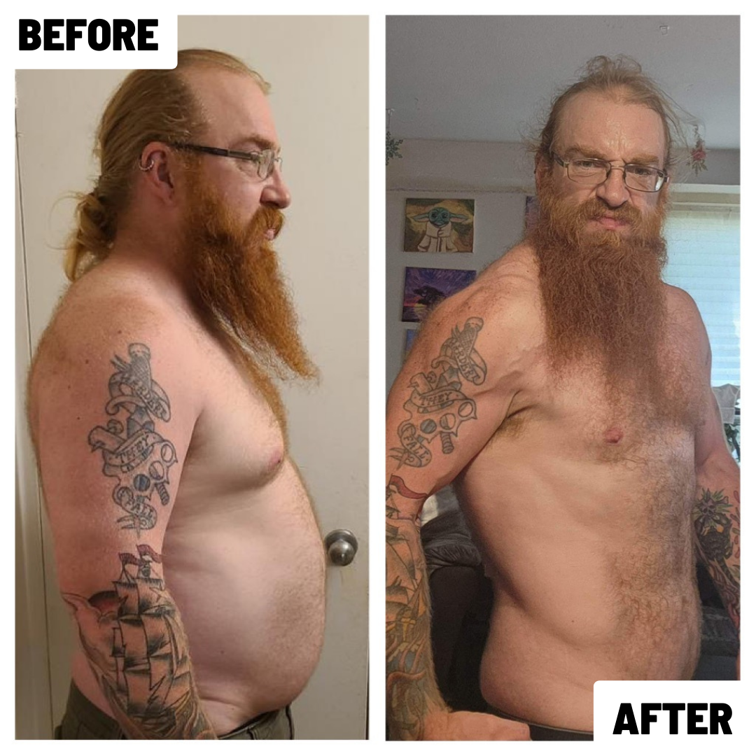 Comparison photo showing a man before and after weight loss or body transformation, with tattoos on his arm and chest, and glasses, in different indoor settings.