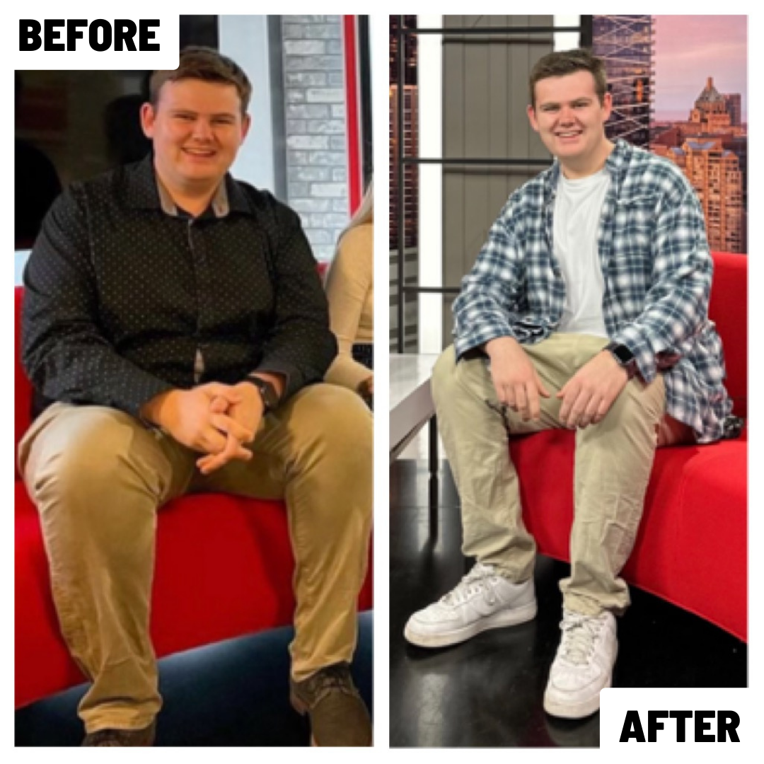 Side-by-side comparison showing a young man before and after weight loss. In the 'before' photo, he is wearing a black shirt with small white dots, tan pants, and seated on a red couch. In the 'after' photo, he is wearing a blue and white checkered s
