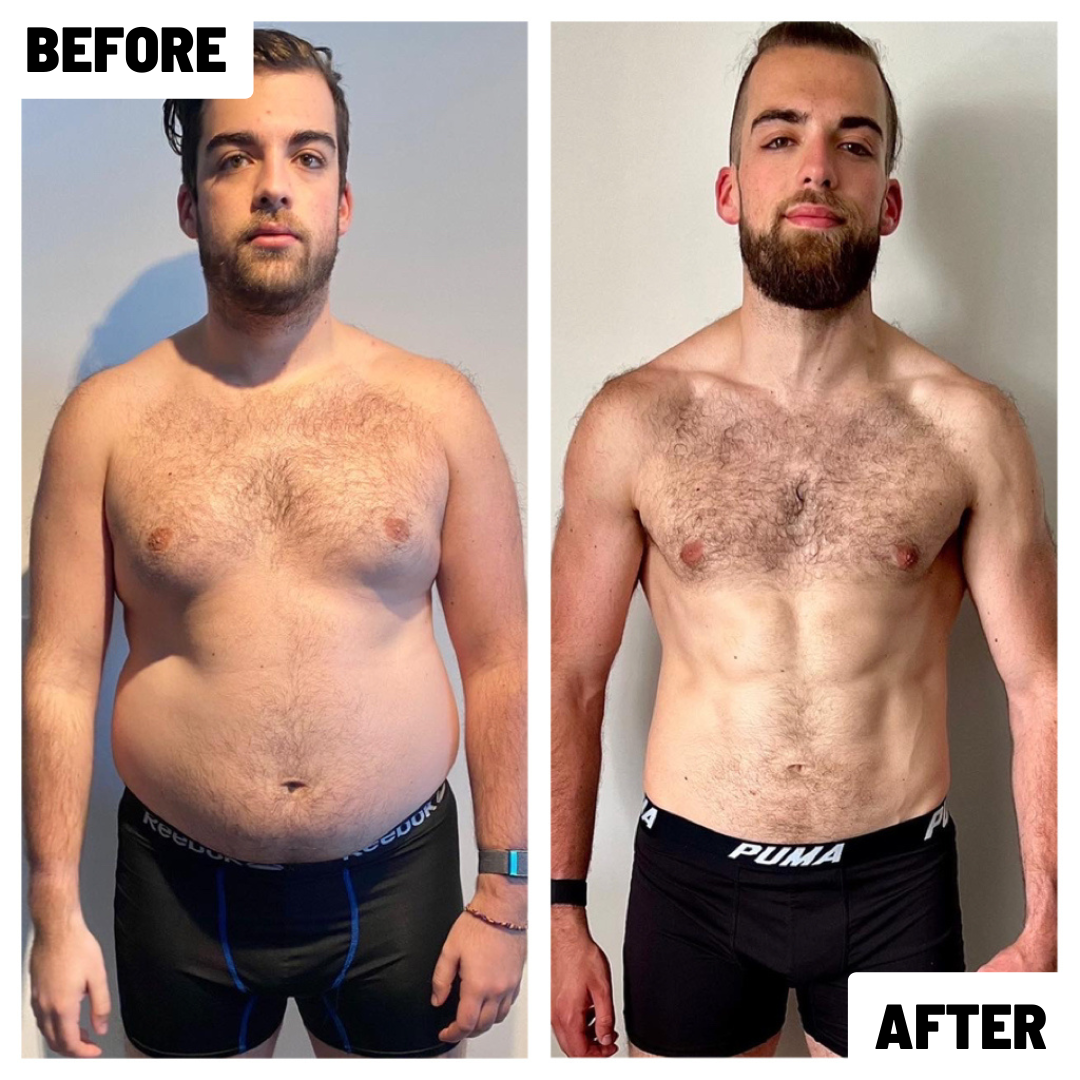 Side-by-side comparison of a man before and after weight loss and muscle toning, with noticeable physical transformation, wearing black shorts, standing against plain walls.