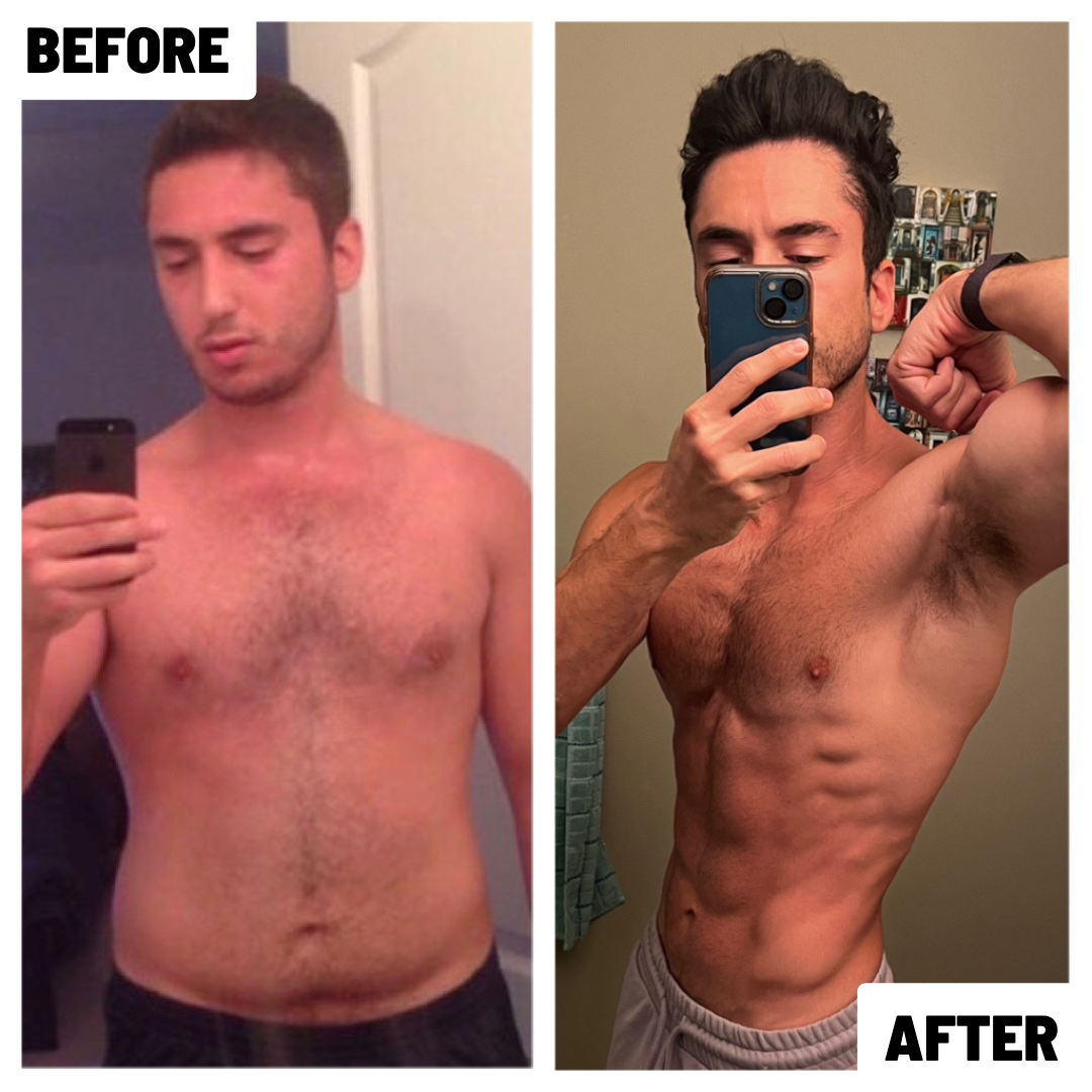 Side-by-side comparison of a man before and after fitness transformation. In the "Before" photo, the man has a relaxed pose, with visible body fat and a slightly puffy appearance. In the "After" photo, the man is flexing, showing a toned, muscular ph