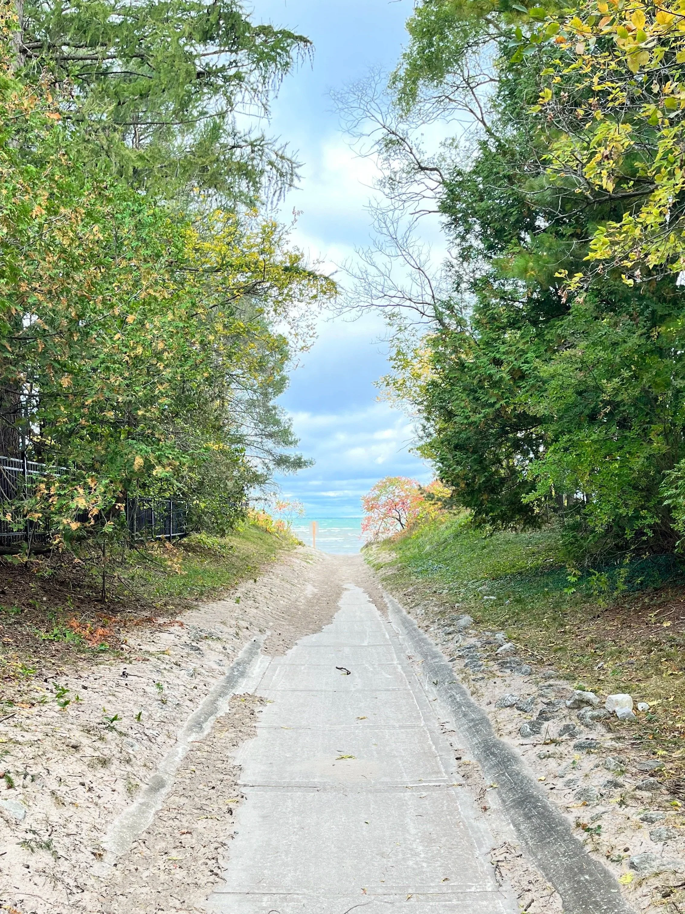 A concrete path leading to a beach, flanked by green trees on both sides, with a view of the ocean and a cloudy sky in the background.