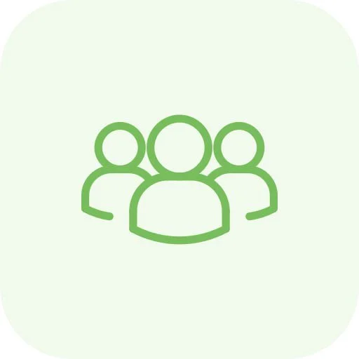 Icon of three green human figures representing a group or team on a light green background.