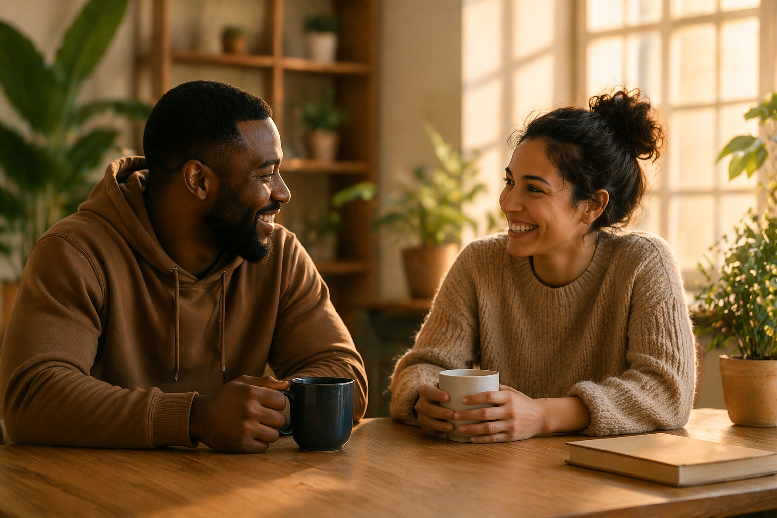 A man and woman sitting at a wooden table, smiling and enjoying coffee in a cozy, sunlit room with plants and books.