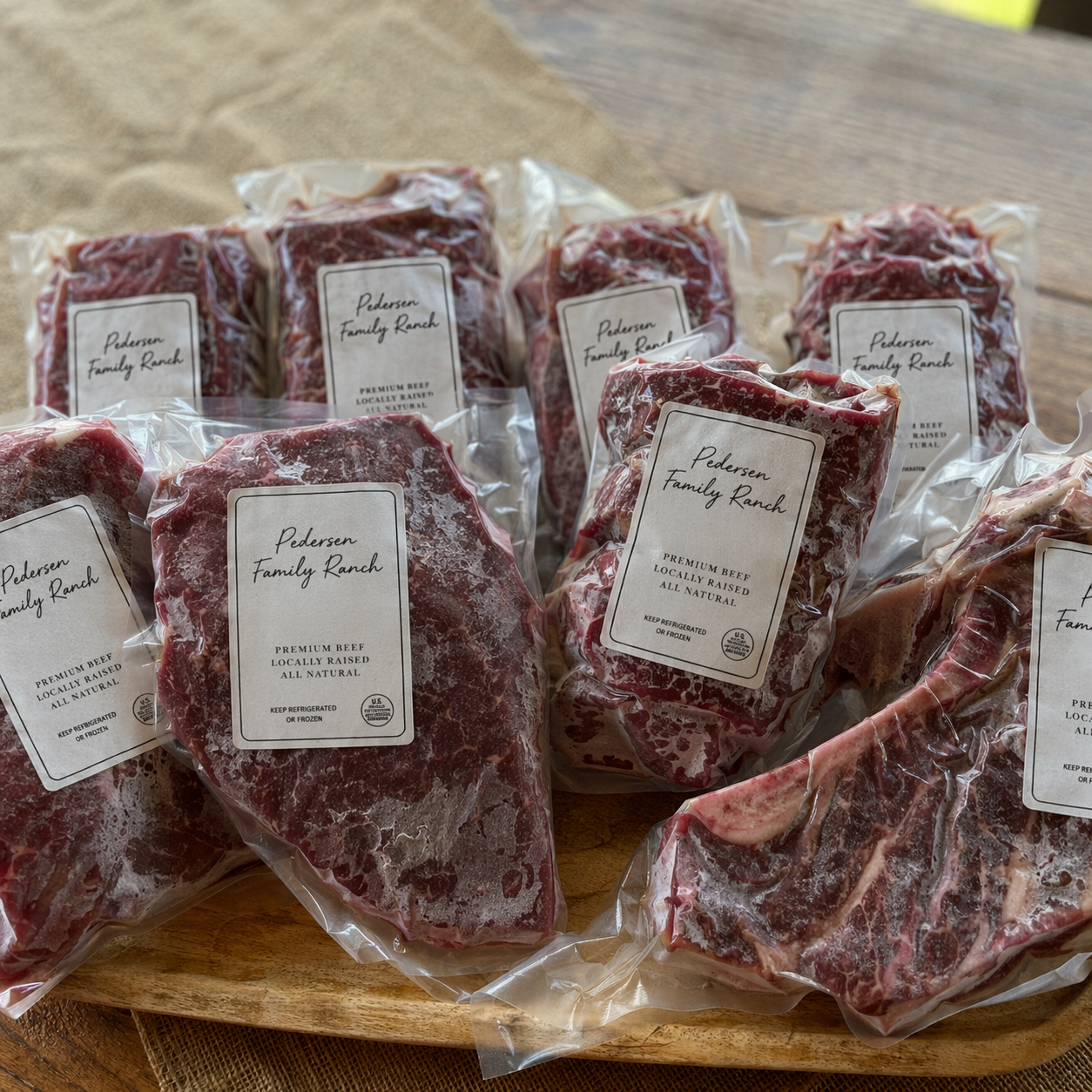 Several packages of raw beef labeled 'Pedersen Family Ranch' on a wooden surface.