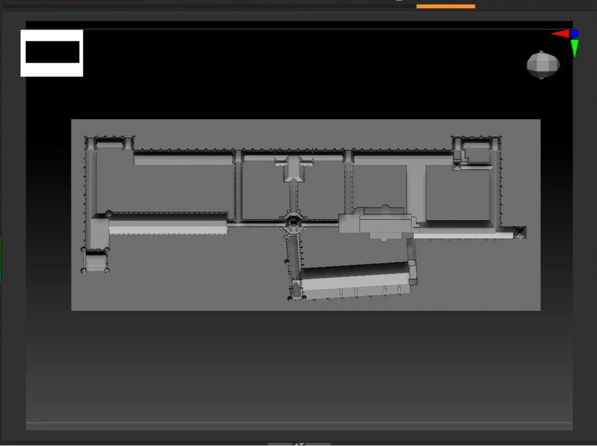 A grayscale technical floor plan of a building or structure with various rooms and corridors, displayed on a computer screen.