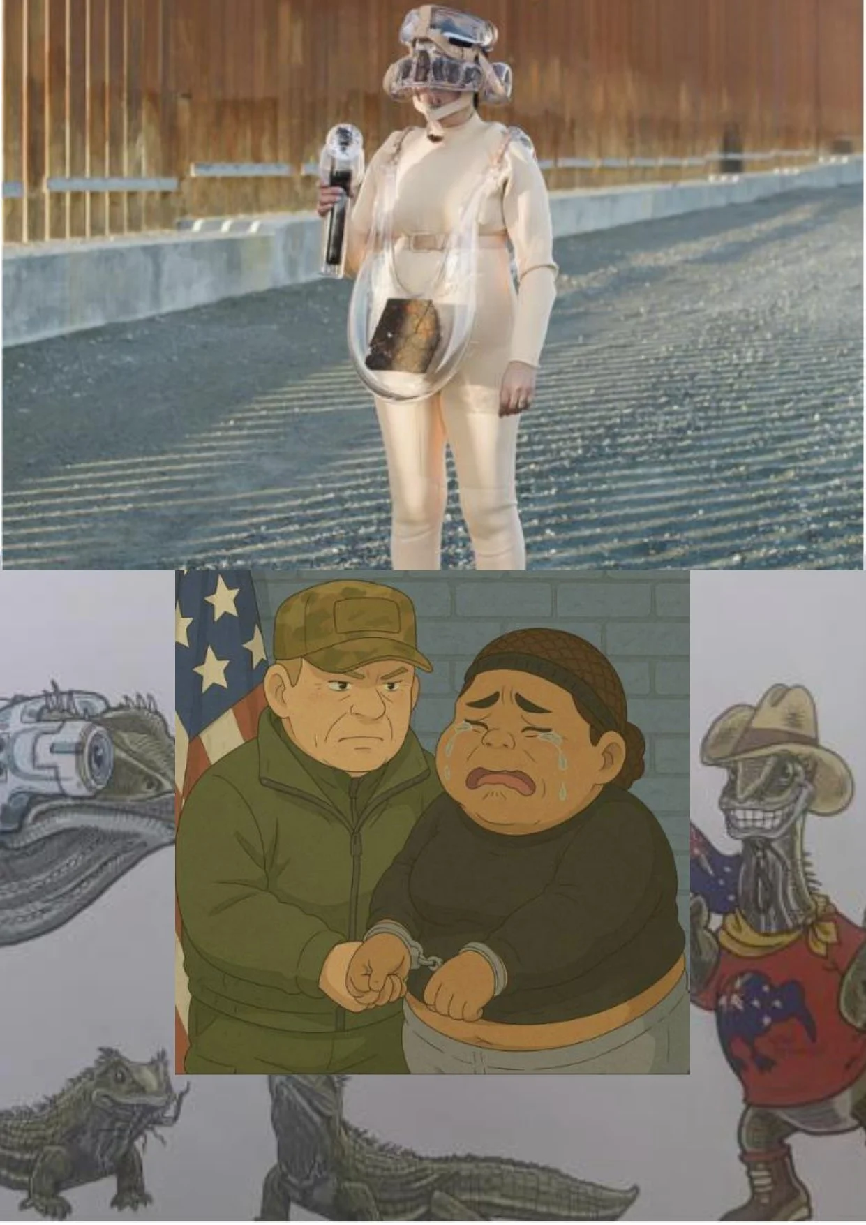 A person wearing augmented reality glasses and a beige suit holding a virtual weapon, standing outdoors on a road. Below, cartoon characters and images, including children crying, a soldier, and a cowboy, are displayed.
