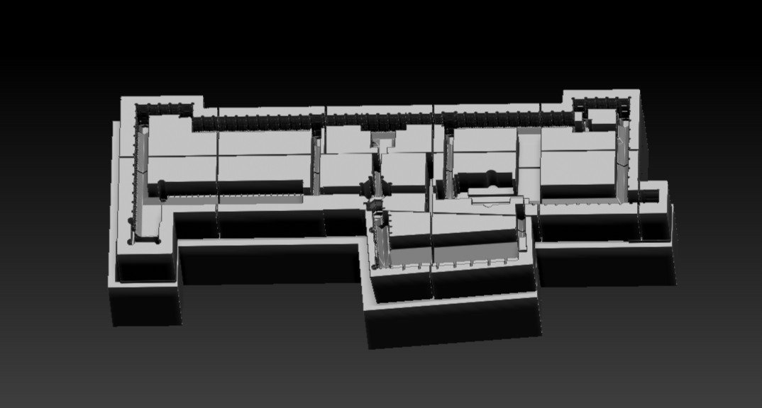 3D model of a building's interior layout in black and white