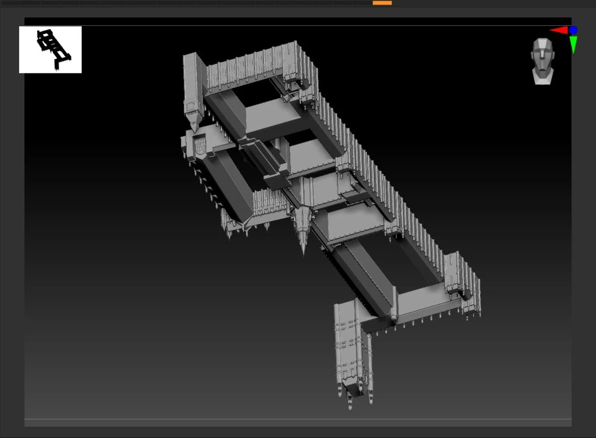 3D model of a spaceship with angular design and various structures inside a wireframe view.