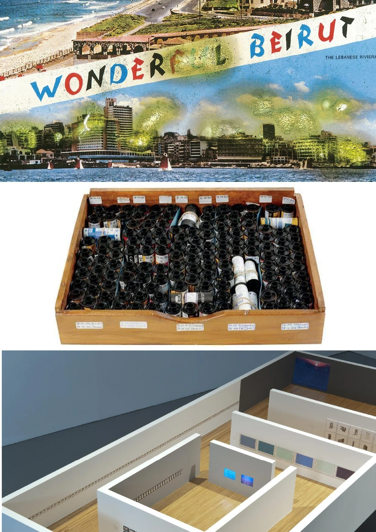A collage of three images. The top image shows a colorful mural with the text 'Wonder Beirut' and an urban landscape with buildings along a river. The middle image displays a wooden tray filled with small black bottles, possibly paint or ink, with some white and yellow bottles mixed in. The bottom image depicts a modern exhibition space with white walls and display panels, some with screens or images, and a light wood floor.