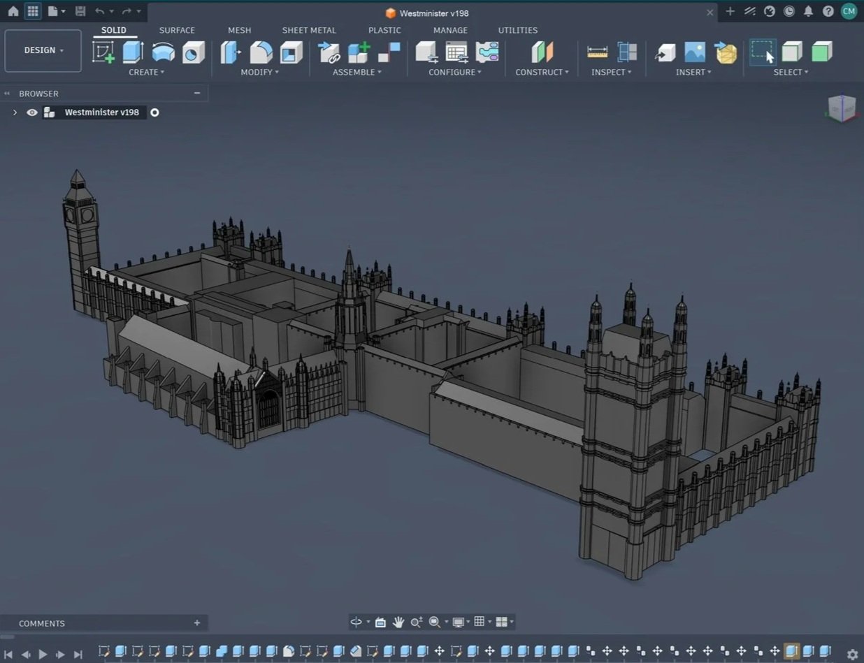 3D digital model of the Palace of Westminster, including Big Ben, in a CAD software interface.