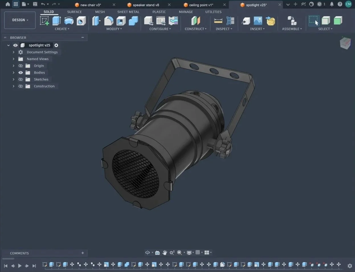 3D computer model of a spotlight, shown from an angled top view, with a cylindrical body, a mesh front cover, and an adjustable mounting bracket.