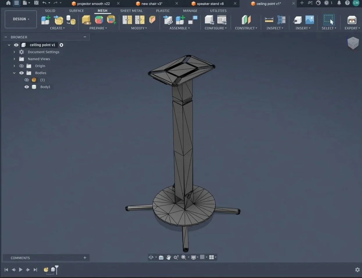 3D model of a ceiling light fixture created in CAD software, showing a central pole with a square-shaped light housing at the top and a round base at the bottom with four support extensions.