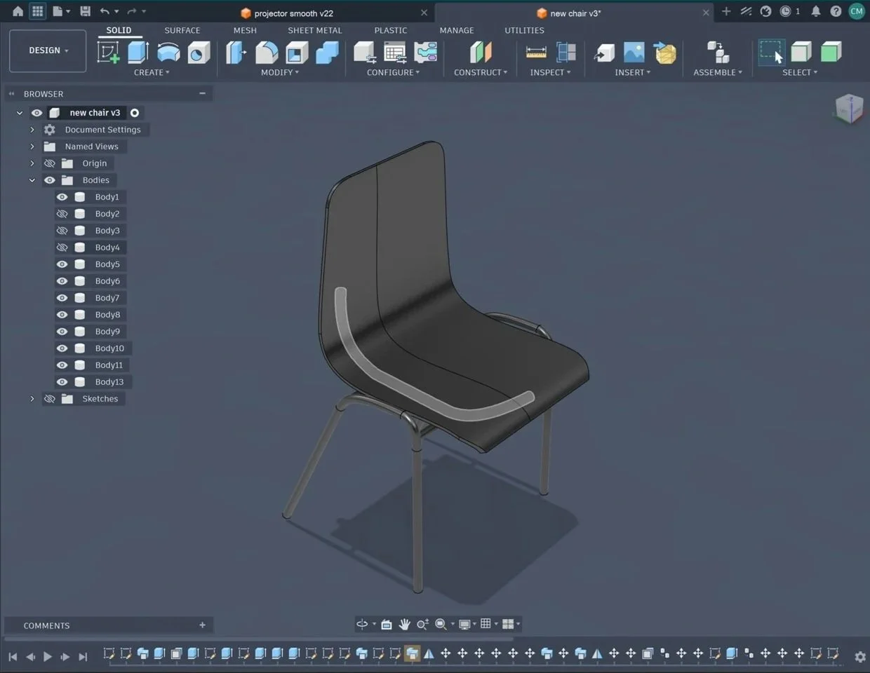 A 3D model of a modern black chair with metal legs, designed in CAD software.