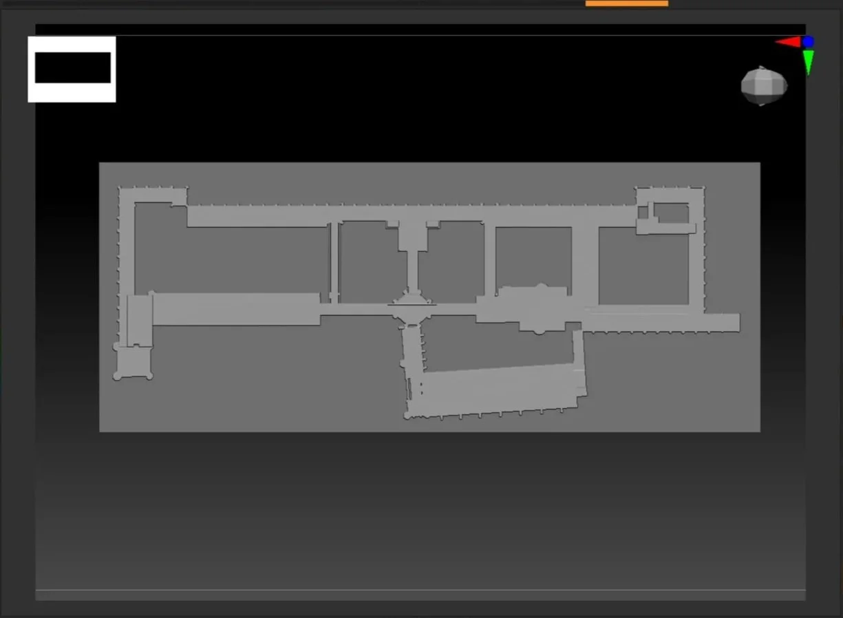 Black and gray 3D building floor plan with multiple rooms and corridors, displayed on a computer screen.