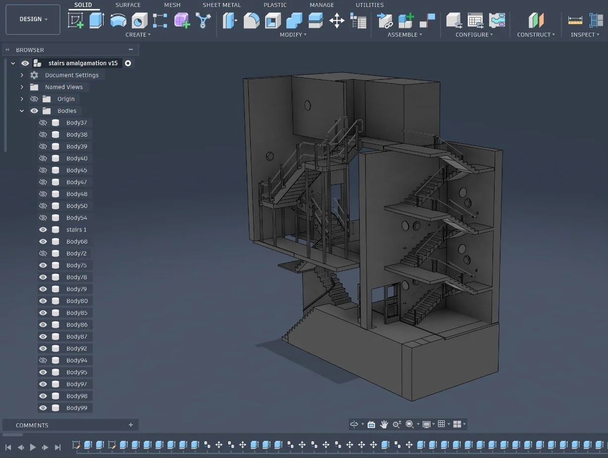 3D model of a multi-level staircase structure with various staircases and railings, viewed in CAD software.
