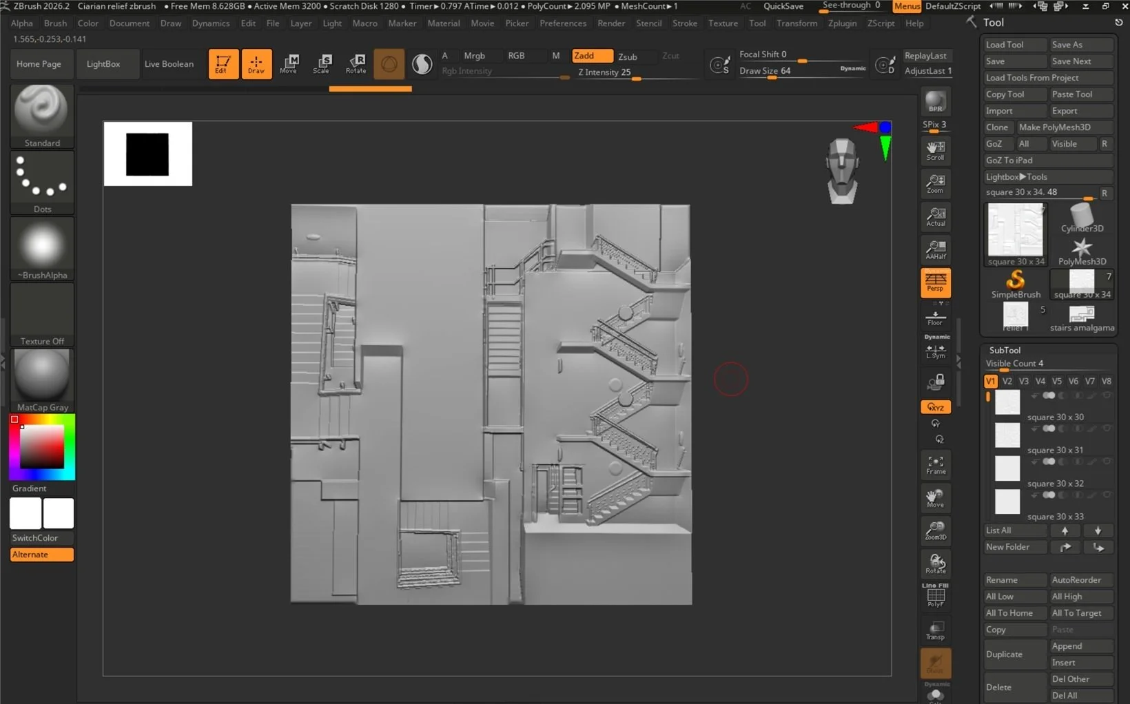 A 3D modeling interface in ZBrush showing a detailed architectural model of a multi-story stairway and interior space with railings, stairs, and landings.