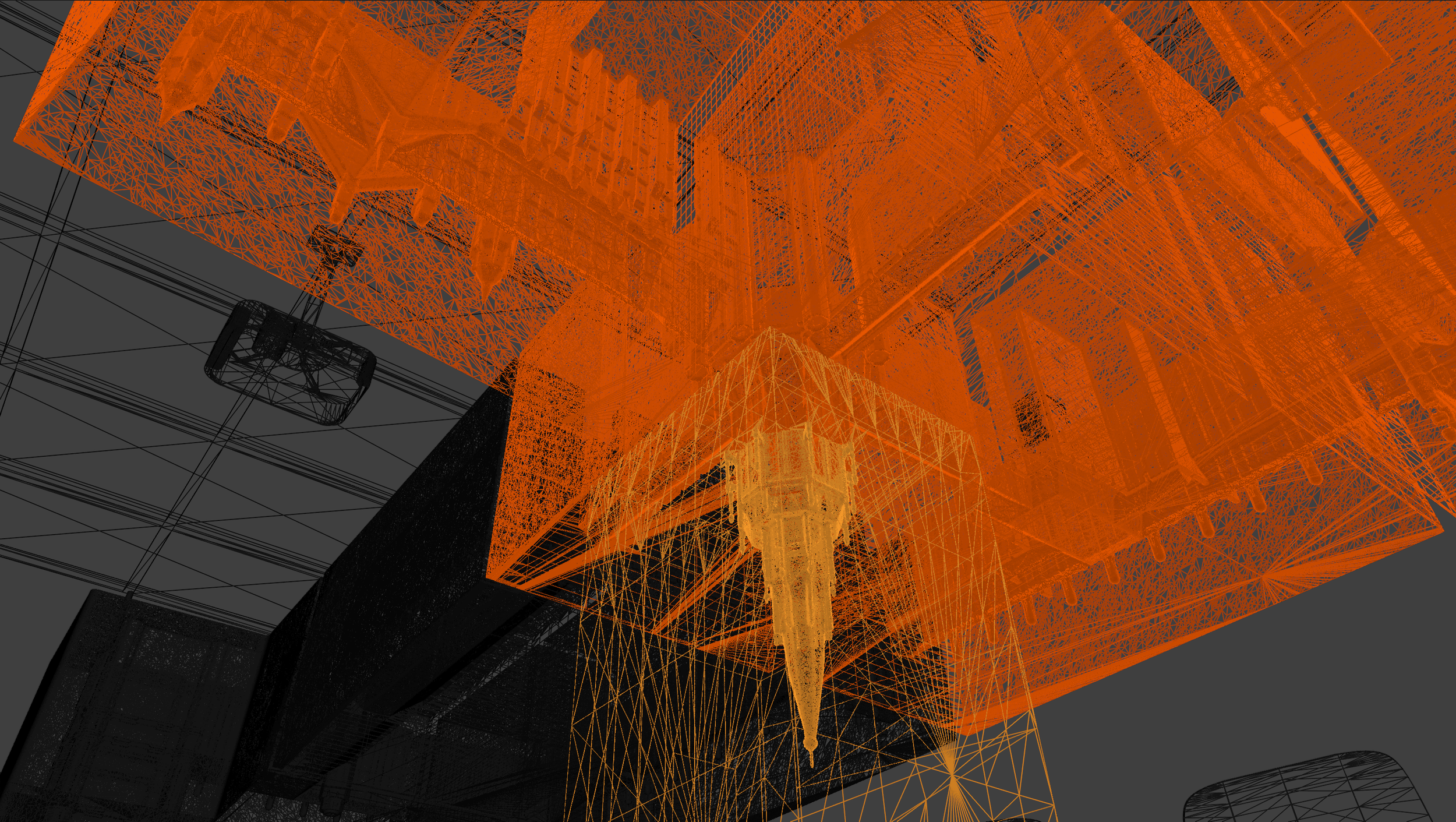 Wireframe digital model of a large industrial or construction site with orange and black outlines detailing structures and machinery.