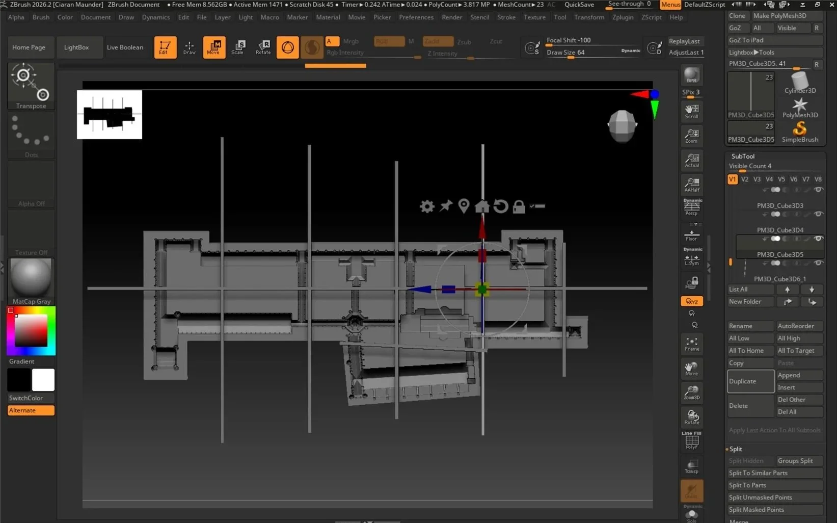 A screenshot of a 3D modeling software interface showing a grayscale technical drawing of a building or structure. The interface includes tools and options on the top and sides, with a central viewport displaying the architectural plan.
