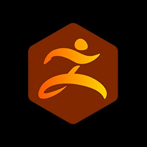 A stylized abstract logo with a person running inside a hexagon shape, using shades of orange and yellow on a black background.