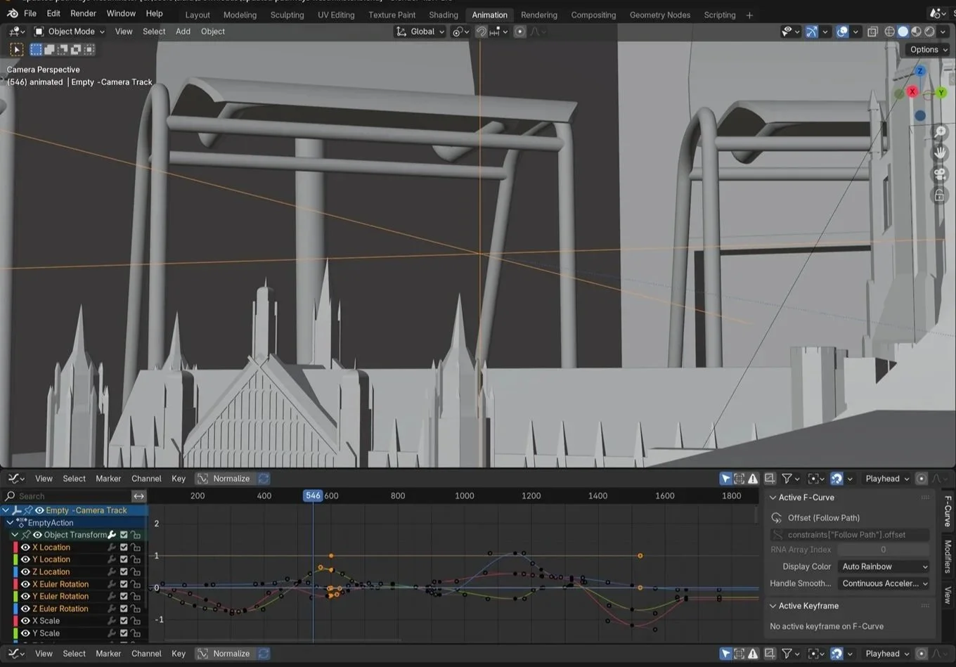 A 3D modeling software interface showing a skeletal structure of a bridge design with a city skyline in the background.