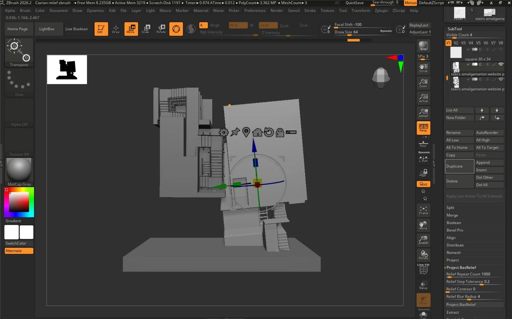 A 3D modeling workspace in ZBrush software showing a grayscale model of a stairway and architectural structure, with various tools, palettes, and icons visible on the interface.