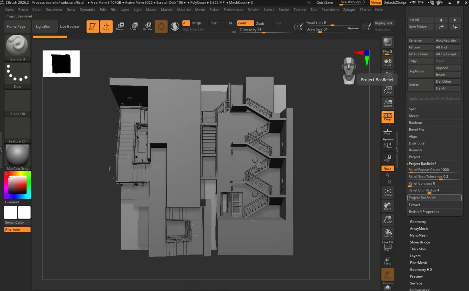 A screenshot of a 3D modeling software interface displaying a grayscale architectural model of a building's interior, including staircases and multiple floors.
