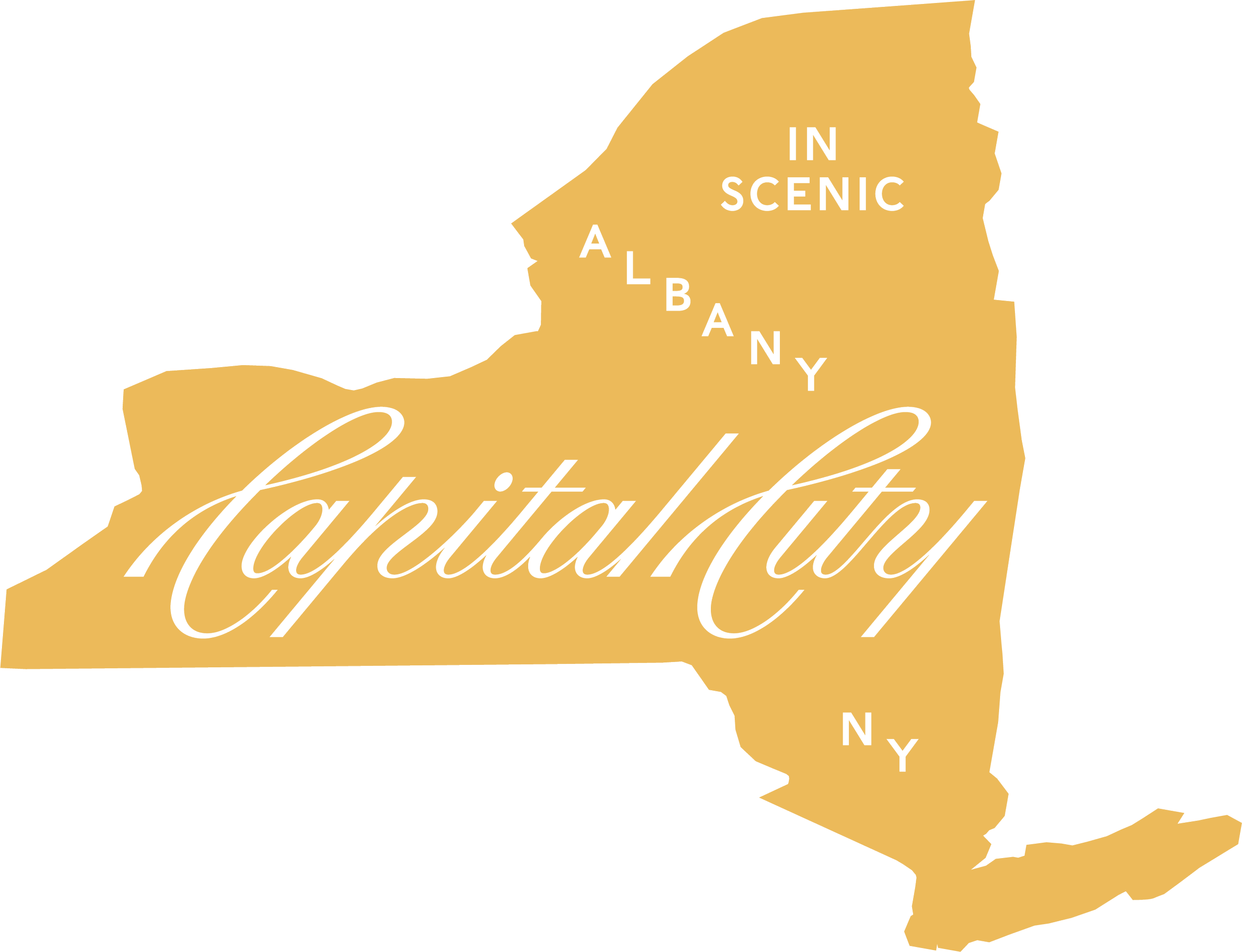 A beige map of New York State with black text and cursive overlay that says 'fabulous' and includes the words 'in scenic Albany NY'.