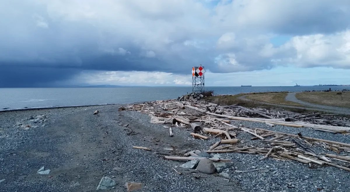 A pebble beach with driftwood and a navigation buoy on poles. Dark storm clouds over the sea and distant ships on the horizon.