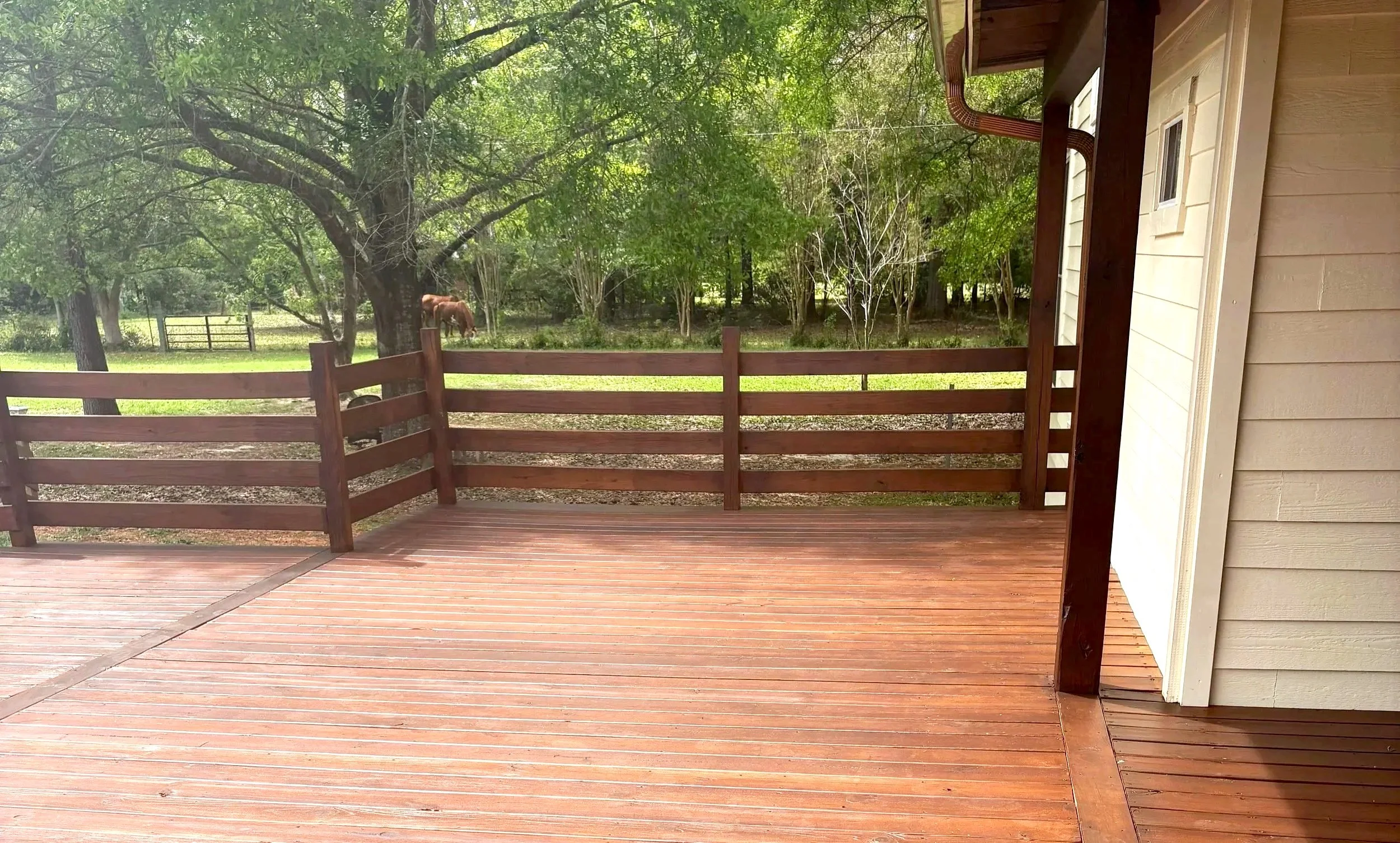 View of a wooden deck with a hanging section, overlooking a grassy yard with trees and a horse grazing in the background.