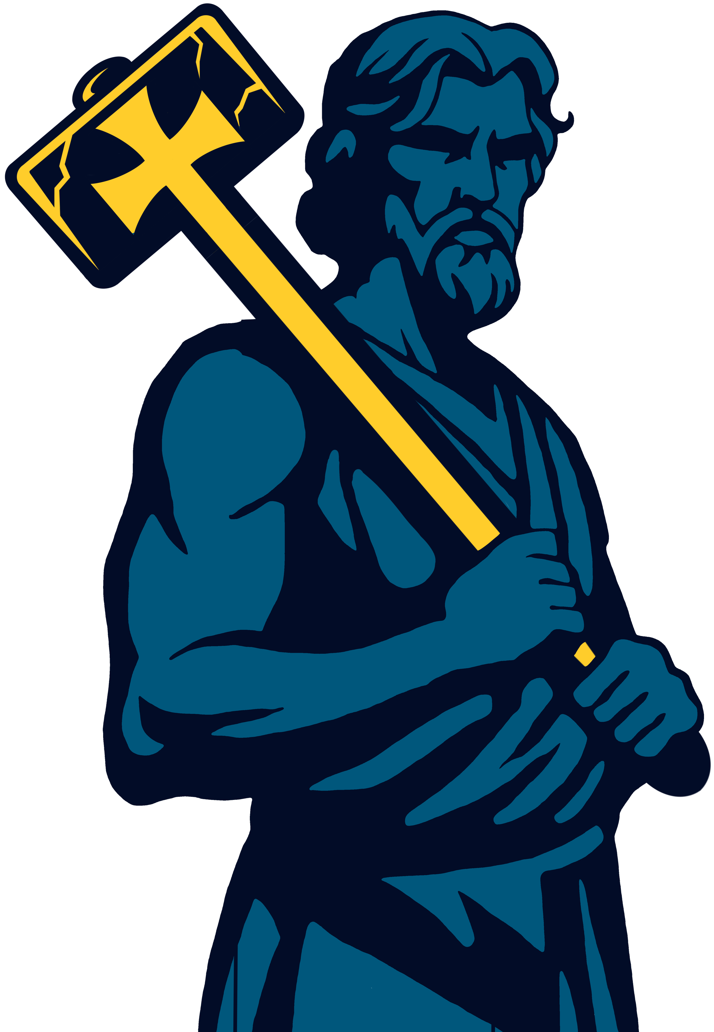 The Noah's Hammer Hero. A stylized illustration of a bearded man holding a yellow hammer over his shoulder, with his arms crossed, in dark blue tones.