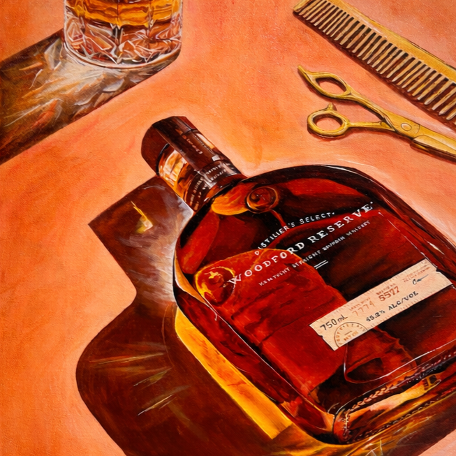 A custom painting of a bottle of Woodford Reserve bourbon, alongside a glass, a pair of grooming scissors, and a comb on a warm orange table. Painted light reflections