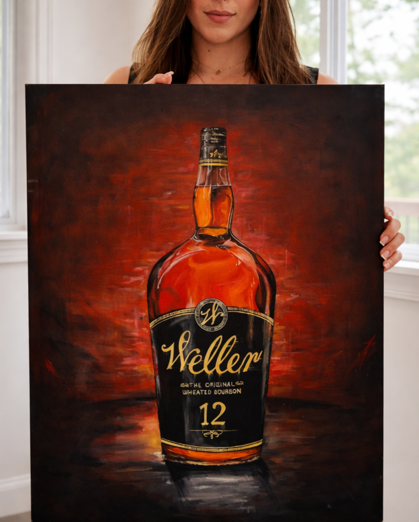 A woman holding a painting of a Weller 12-year-old bourbon whiskey bottle with a dark, warm-colored background.