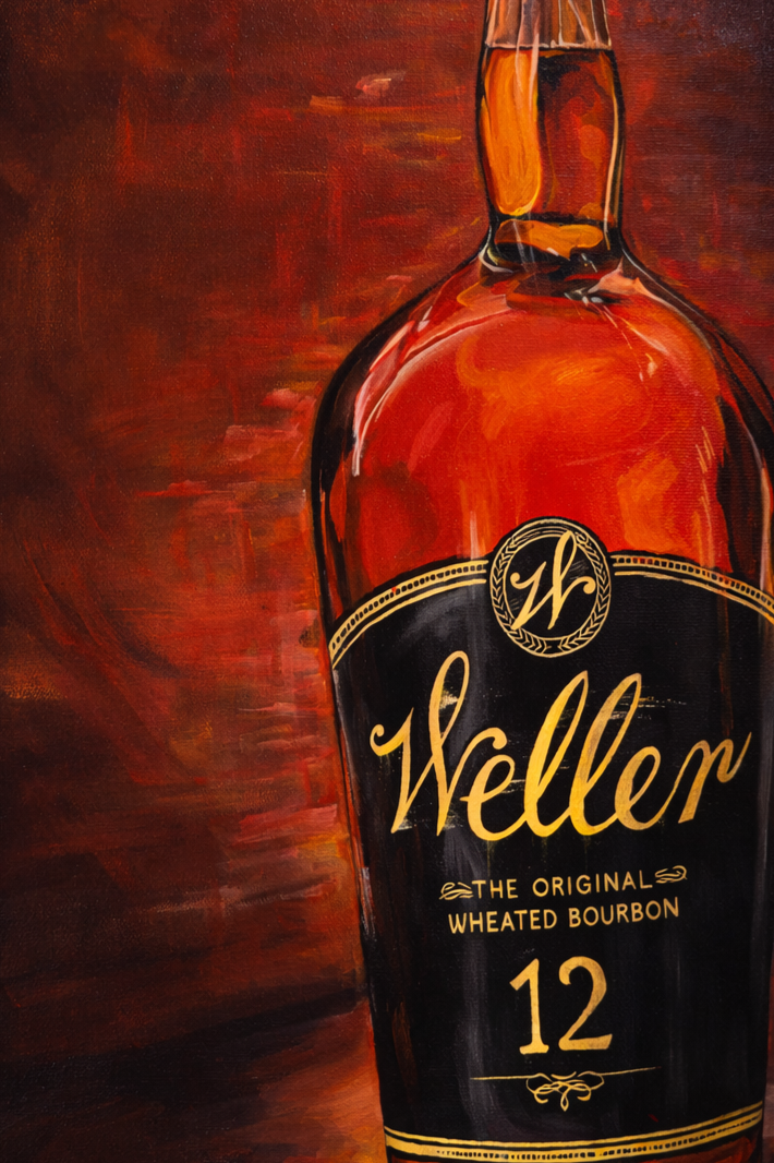 Painting of a Weller 12-year-old wheated bourbon whiskey bottle with a dark label and gold accents, set against a warm, reddish-brown background.