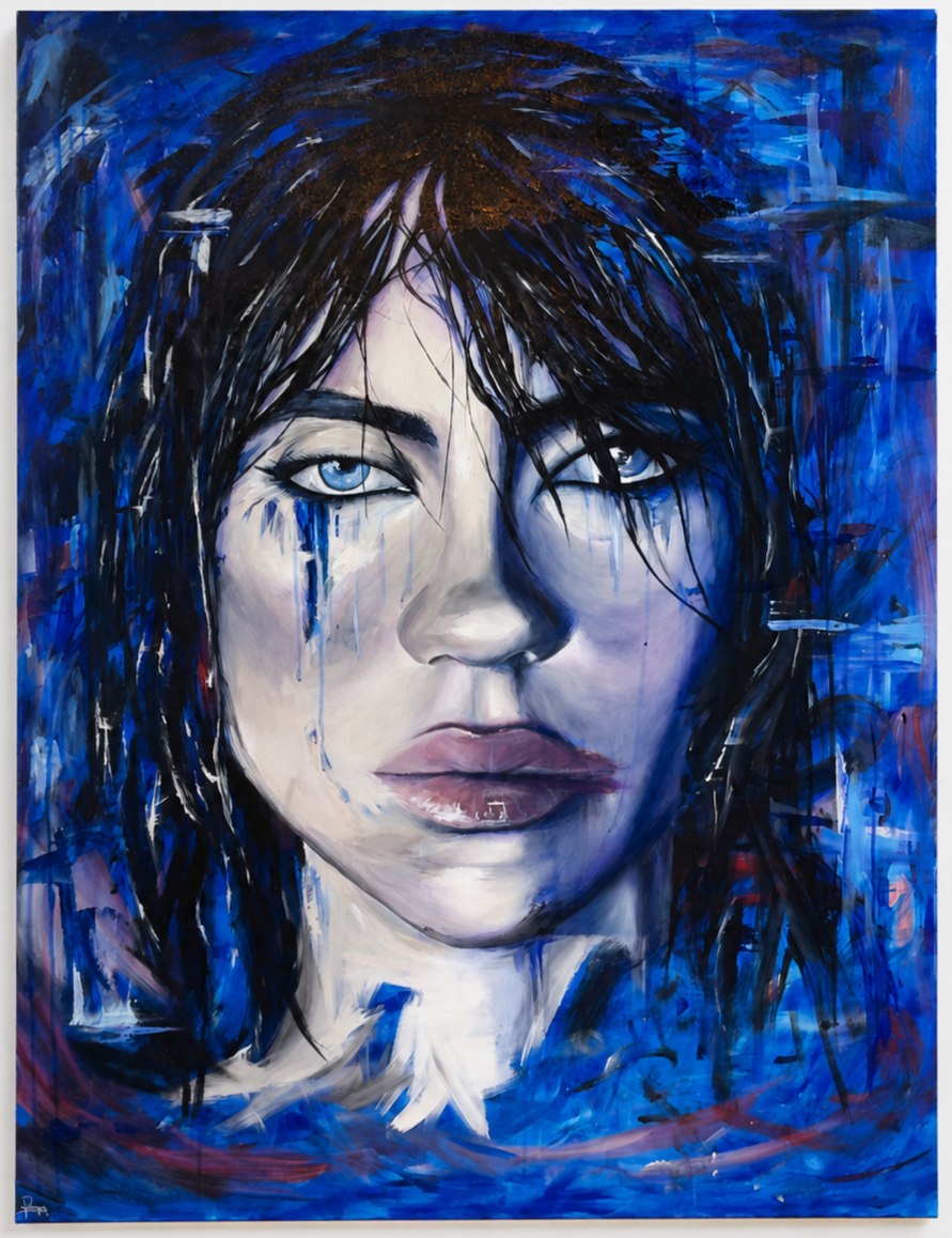 A painting of a woman's face with blue eyes and dark hair, with blue streaks and drips of paint on her face, set against a background of various shades of blue.