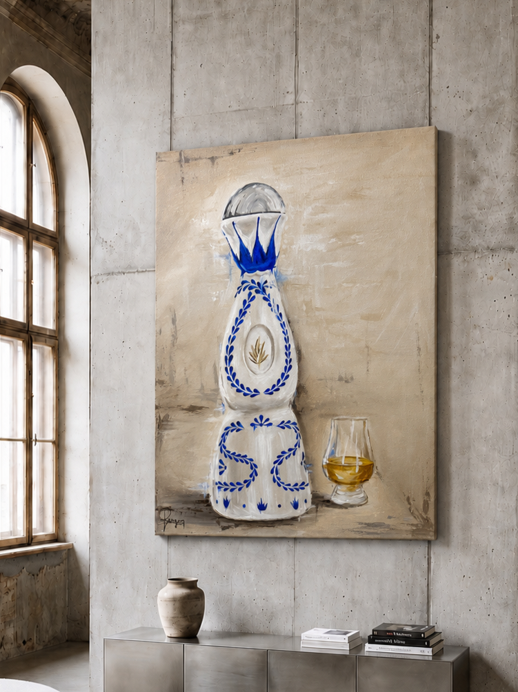 A painting of a clase azul decorative bottle with blue patterns, a gold emblem, and a lid, placed on a table with a glass of whiskey and a ceramic vase in a modern room with large arched window and concrete wall.