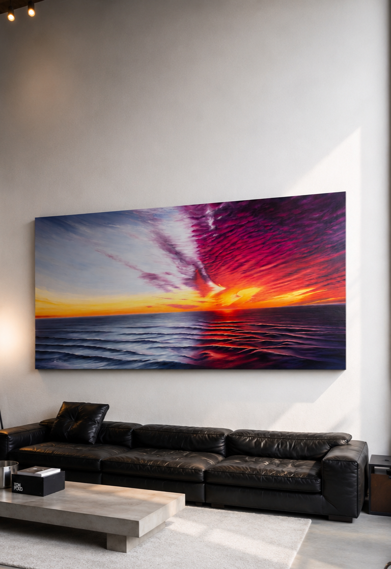 A large framed photograph of a sunset over the ocean with colorful clouds, hanging above a black leather couch in a modern living room.