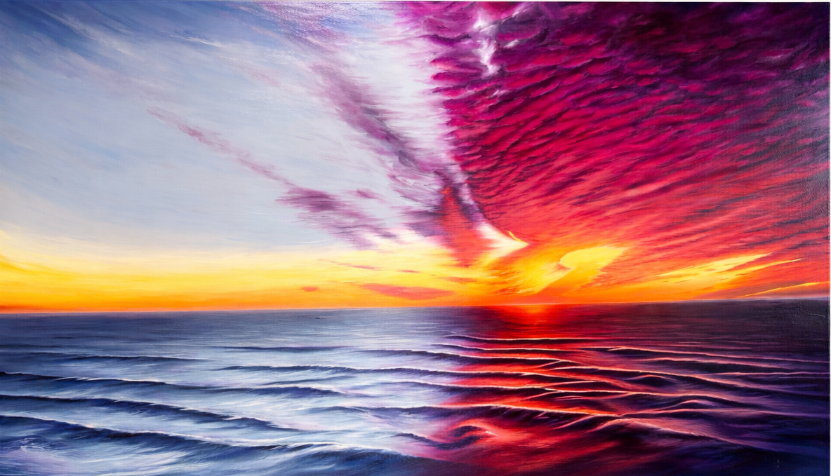 A vibrant sunset over the ocean with colorful clouds and reflections on the water. Sarasota Florida painting
