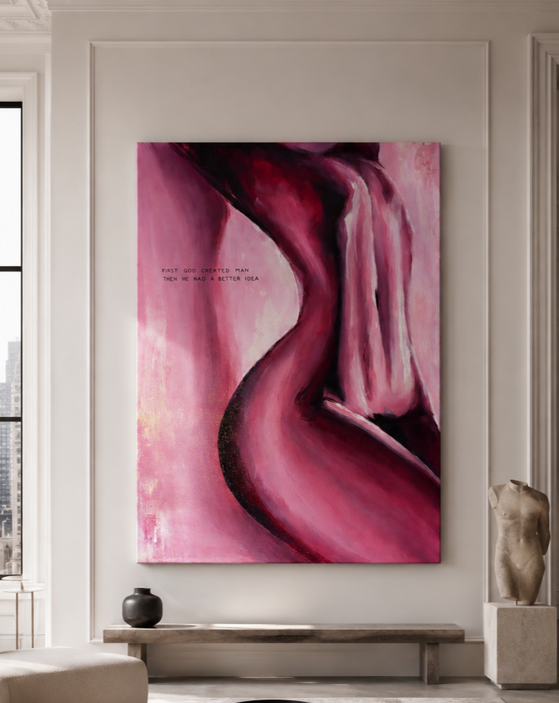 Abstract pink and black painting of a curving woman's body figure on a wall in a modern room with a window, a small black vase, a bench, and a torso sculpture.