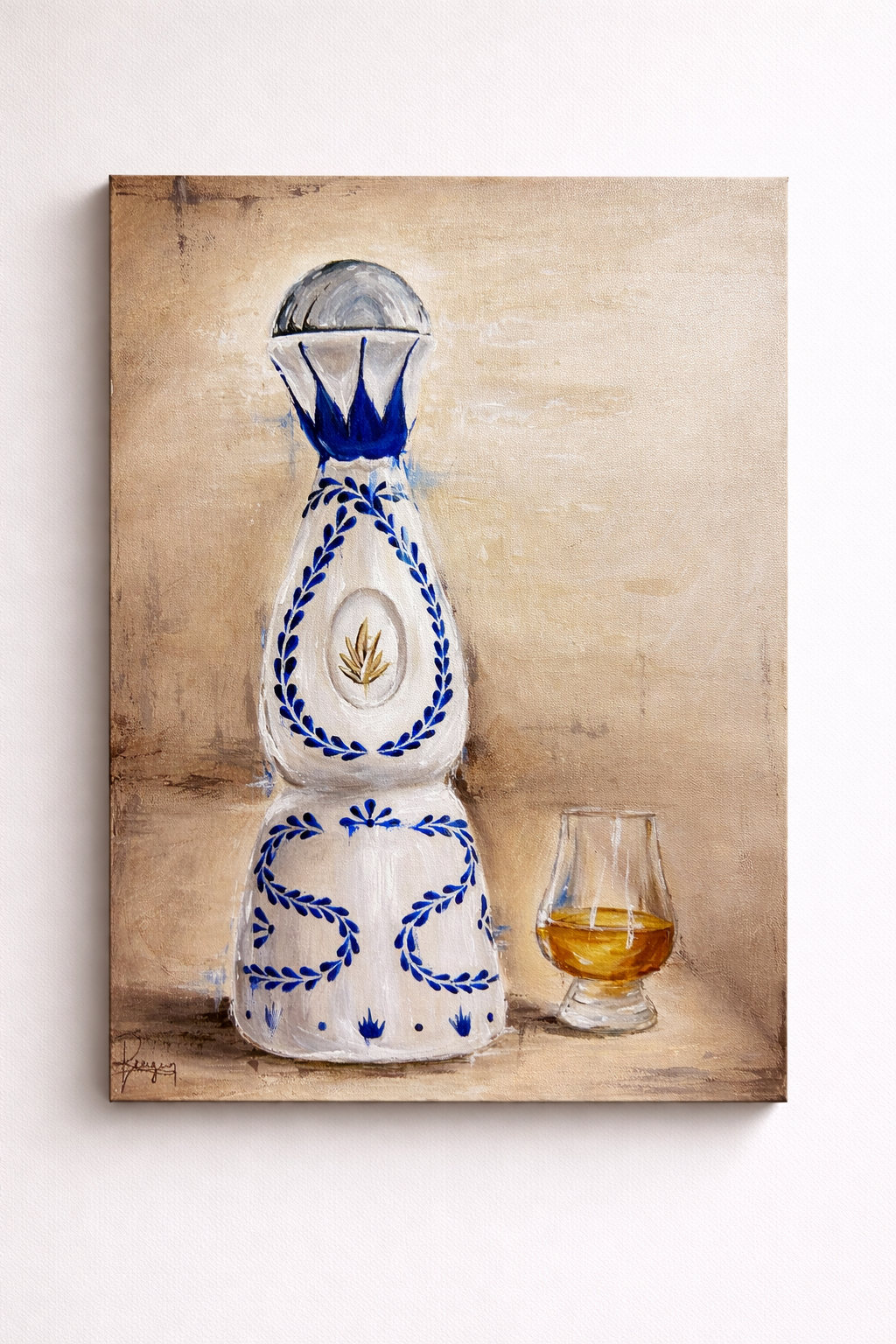 A painting of a traditional ceramic clase azul bottle with blue decorative patterns, a small emblem, and a sprig of wheat in the center. To its right, there's a glass of amber-colored liquor on a wooden surface.