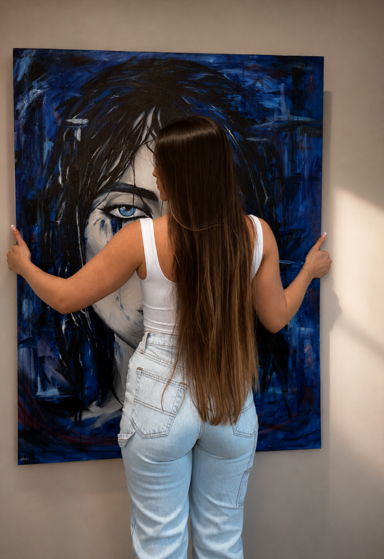 A woman with long brown hair, wearing a white tank top and light blue jeans, standing in front of a large abstract portrait painting of a woman's face with blue eyes and dark hair.