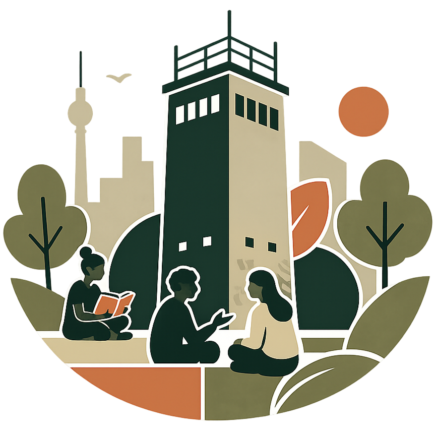 Abstraktes Logo. Drei Menschen sitzen auf dem Boden im Park, während im Hintergrund ein Turm und Bäume zu sehen sind, bei Sonnenuntergang.