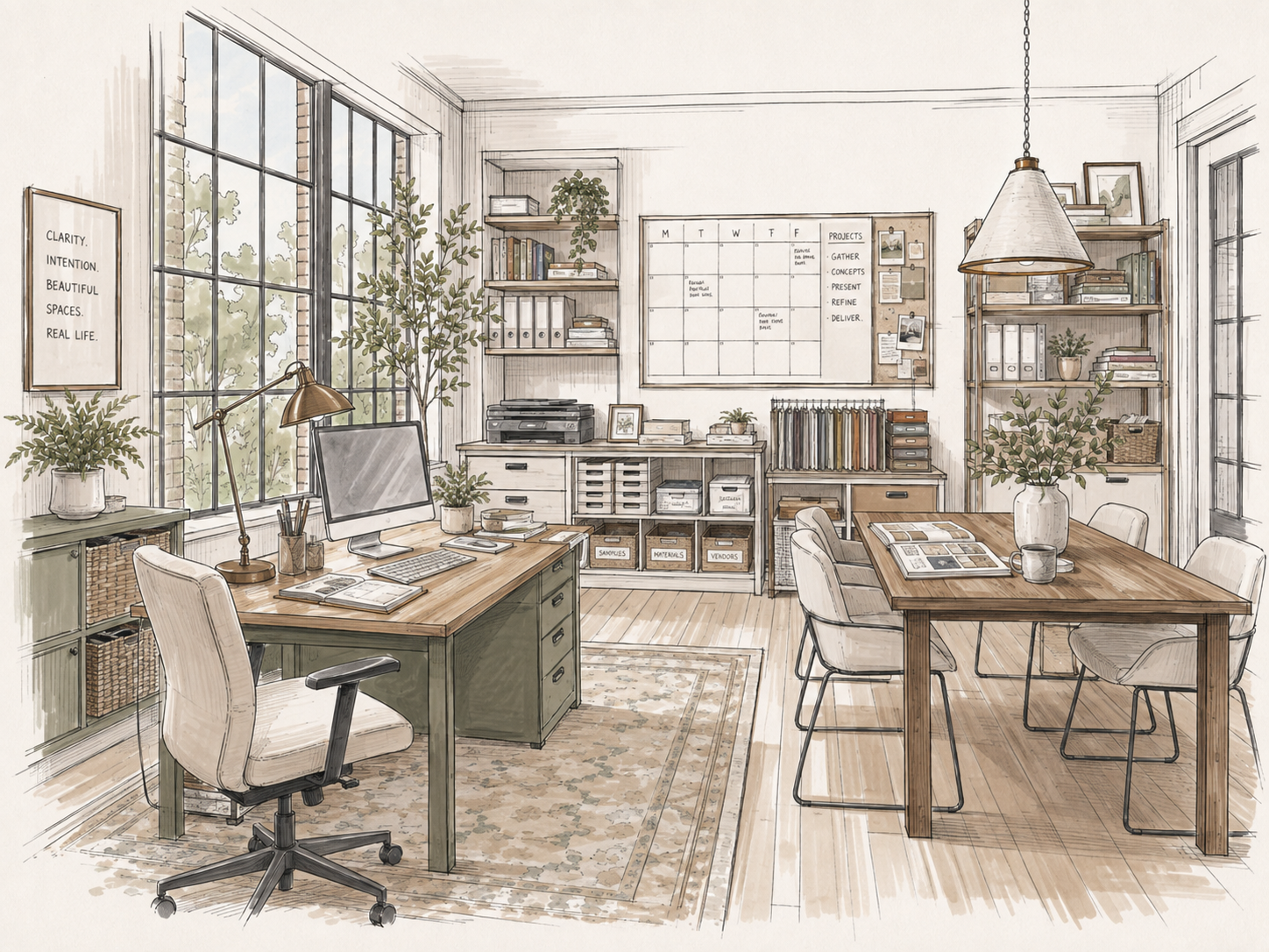 A detailed illustration of a cozy, well-organized home office with large windows, plants, bookshelves, a desk with a computer, and a meeting table with chairs.