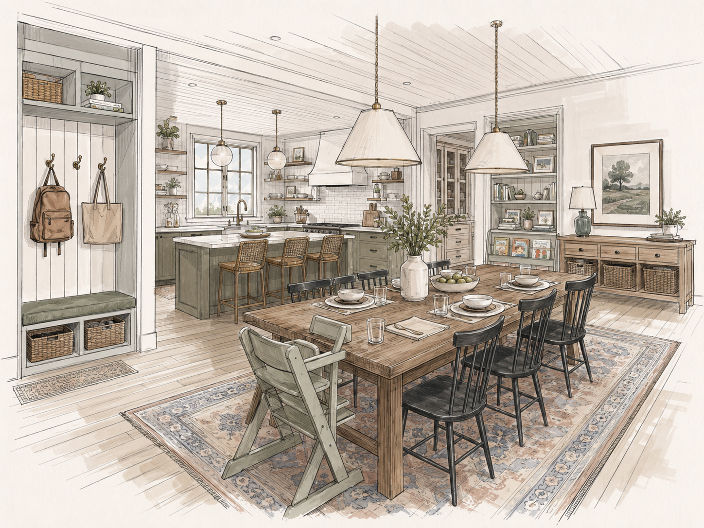 A cozy dining area with a wooden table set with bowls, glasses, and napkins, surrounded by black chairs and a high chair. The room features a rustic, farmhouse style with a large rug, shelves, and a sideboard, all decorated with plants, pictures, and decor. The kitchen in the background has a breakfast bar with woven chairs, open shelving, a window, and a stove with a range hood.